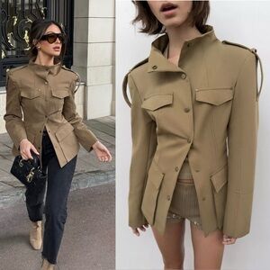 ZARA ARMY STYLE TAILORED TABBED JACKET WITH SHOULDER TABS AND POCKETS